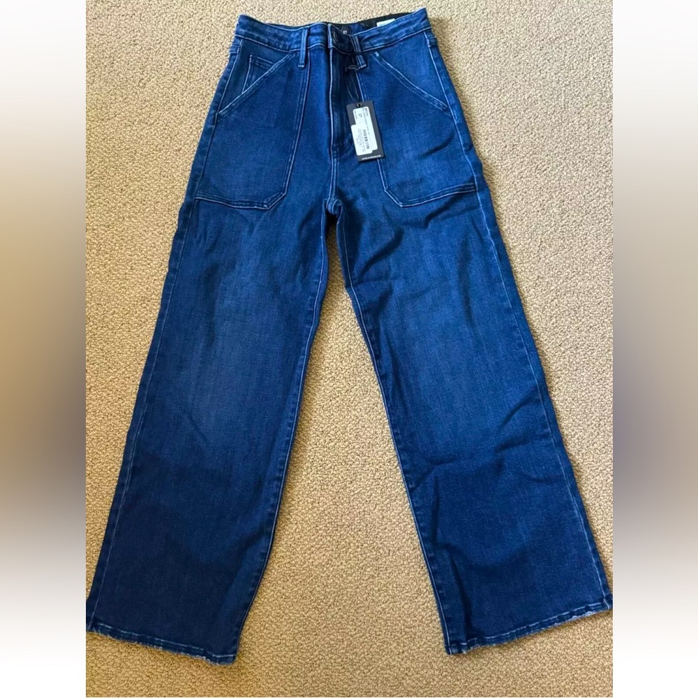 NWT JUST BLACK DENIM High Rise Cargo Patch Pocket Wide Leg Dark Denim size 27.
